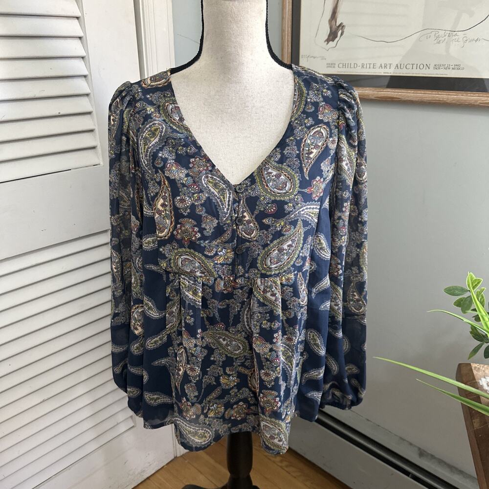 Heyson Top Womens Small Blue Paisley Chiffon Bohemian Peasant Retro Hippie Chic